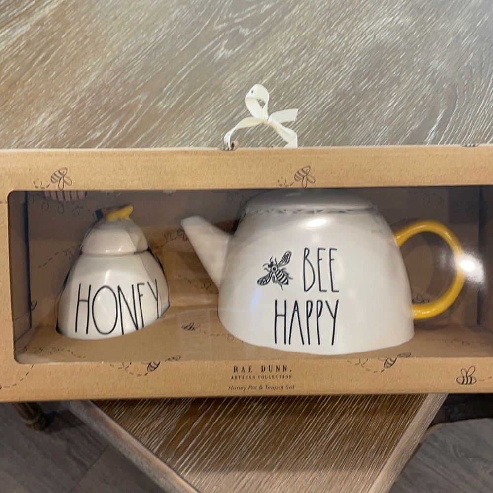 Rae Dunn Bee Happy Teapot and Honey Pot
